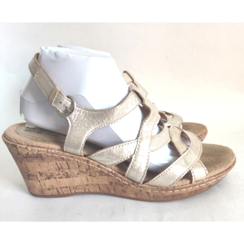 BOC Born Metallic Gold Leather Sandals Cork Wedge Heels Ankle Strap Womens 10 M